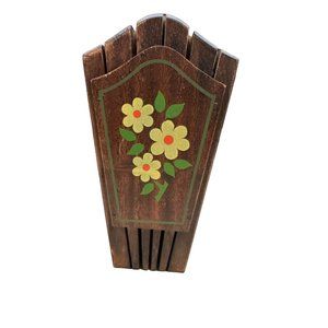 Vintage MCM Hand Carved Hardwood 5 knife Wall Block Japan Painted Flower Kitsch